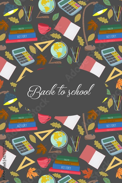 Fototapeta Back to school. Cute vector illustration for poster, background, banner or card, freehand drawing with stationery, books and other on a dark background