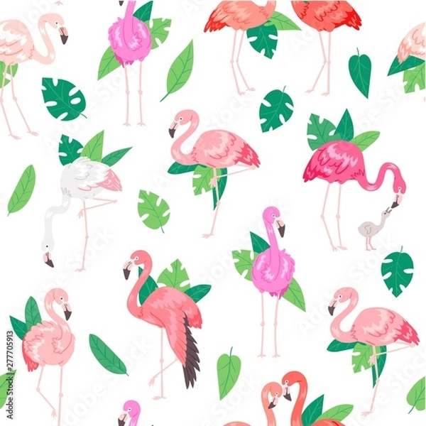 Obraz Tropical flamingo seamless pattern. Summer time vector illustration. Pink male and female flamingos, couples, mother feeding child. Exotic Hawaii with tropical birds. Palm tree leaves.