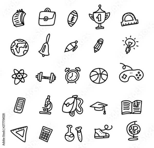 Fototapeta School Icons. Back To School. Hand Drawn Doodle Icon Set. Sketchy vector outline cartoon set of School objects and symbols. Freehand drawing school items