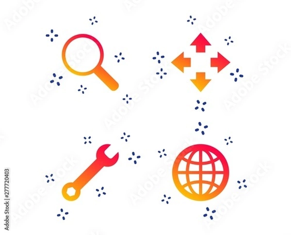 Fototapeta Magnifier glass and globe search icons. Fullscreen arrows and wrench key repair sign symbols. Random dynamic shapes. Gradient wrench key icon. Vector