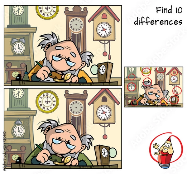 Fototapeta Watchmaker repairing broken old watch. Find 10 differences. Educational matching game for children. Cartoon vector illustration