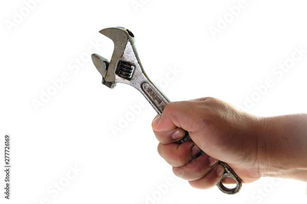 Fototapeta Wrench and hand with white background. Craftsman tool.