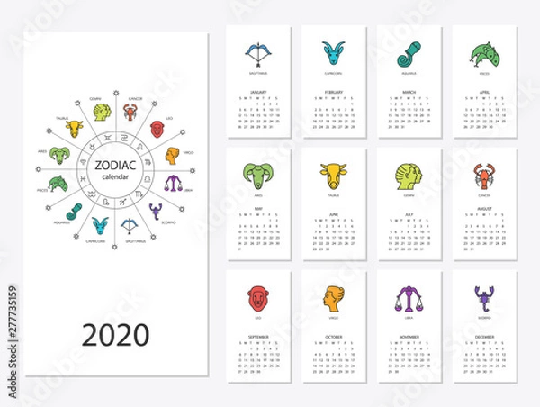 Obraz Calendar 2020 with horoscope signs zodiac symbols set