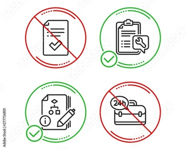 Fototapeta Do or Stop. Approved checklist, Spanner and Algorithm icons simple set. 24h service sign. Accepted message, Repair service, Project. Support. Technology set. Line approved checklist do icon. Vector