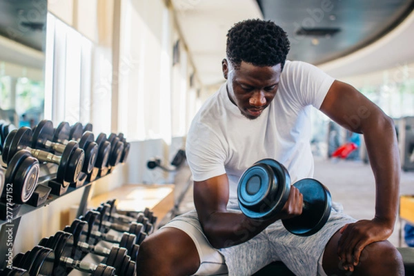 Obraz Young African American man sitting and lifting a dumbbell close to the rack at gym. Male weight training person doing a biceps curl in fitness center