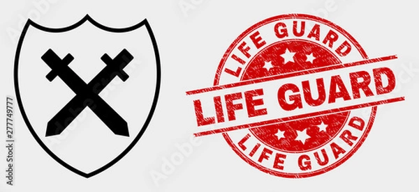 Fototapeta Vector shield and swords icon and Life Guard seal. Red rounded scratched seal stamp with Life Guard text. Vector combination for shield and swords in flat style. Black isolated shield and swords icon.