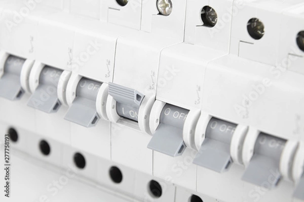 Fototapeta circuit breakers, toggle off and control of electricity supply, fuse for safety from electric shock
