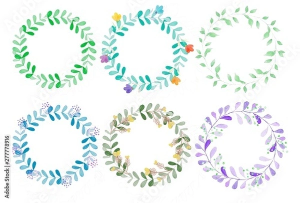 Fototapeta Set of template with colorful floral frame in watercolor.