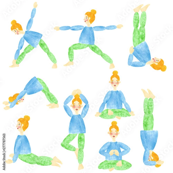 Fototapeta Set of hand drawn watercolor collages of a girl with blond hair in blue shirt and green pants, making yoga pose. Illustration for magazine or advertisement.