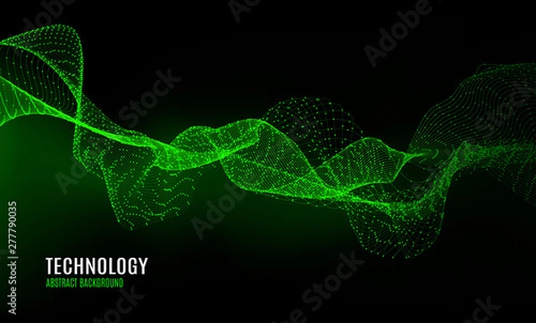 Obraz Abstract digital background with particles dots and wavy lines. 3d data visualization with fractal elements. Dynamic technology backdrop with light effect. Vector illustration