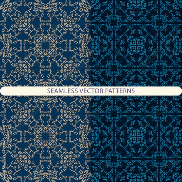 Fototapeta Seamless vector patterns with beige and blue ornament elements on a dark blue background. Oriental, arabic, damask pattern. pattern for mosaic tiles. Design for textiles, furniture, packaging