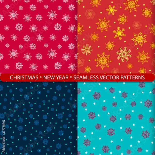 Fototapeta Set of seamless vector patterns with christmas and new year snowflakes. Print for textiles. Print for New Year's costume. Design for wrapping paper, new year packaging