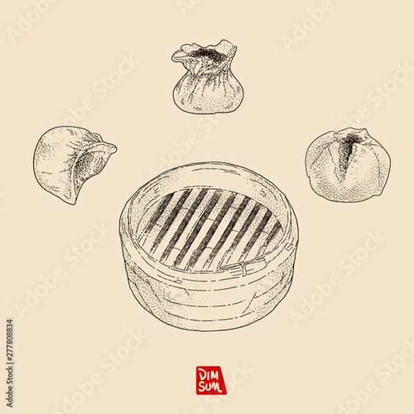 Obraz Vector illustration sketch - Dim Sum. Boiled dumpling. Steamed dumpling. BBQ Pork Bun. Vintage design. Illustration used by dots and lines, easy using on the different background.