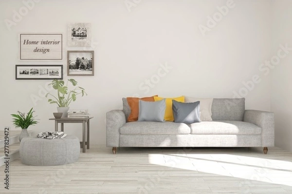 Fototapeta Stylish room in white color with sofa. Scandinavian interior design. 3D illustration