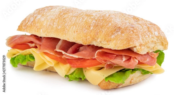 Obraz Kanapka Ciabatta z sałatą, prosciutto pomidorami i serem na białym tle
