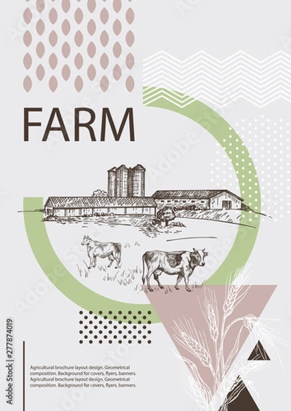 Fototapeta Country landscape. Abstract composition. Cows, barn and grain elevator.