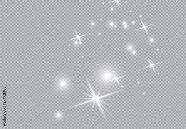 Fototapeta Set of gold glowing light effects isolated on transparent background. Glow light effect. Star exploded sparkles.