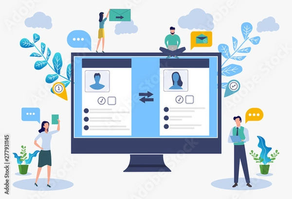 Obraz Communicating via the Internet, social networks, chat, video, news, messages, website, search for friends, search for couples, love, mobile web graphics. Vector colorful illustration