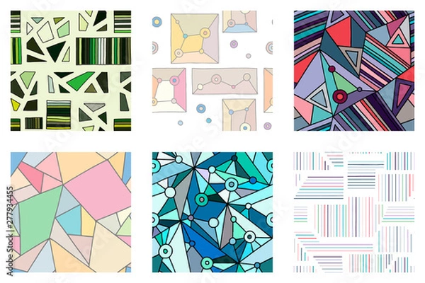 Obraz Set of seamless vector pattern, colorful geometric background with rhombus, triangles, rectangles, dots, lines, squares. Abstract graphic design. Line drawing, print for wallpaper, fabric