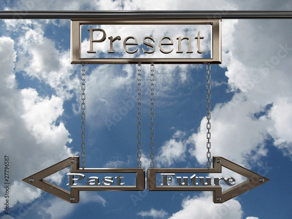 Fototapeta Pointer Past, Present and Future against the sky. 3D