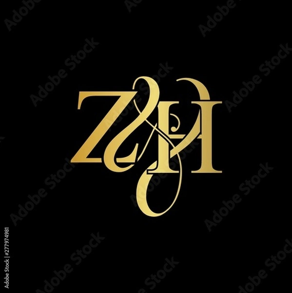 Fototapeta Z & H ZH logo initial vector mark. Initial letter Z & H ZH luxury art vector mark logo, gold color on black background.
