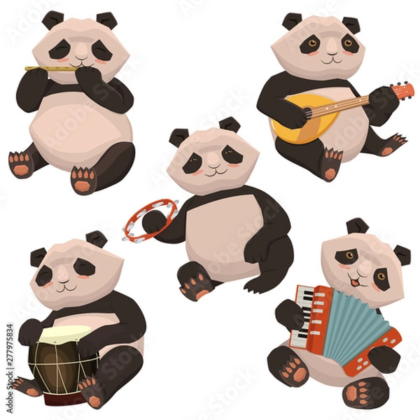 Fototapeta A set of pandas playing musical instruments. Image isolated on white background. Vector graphics.