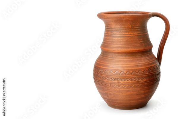 Fototapeta Clay pot isolated on white background. Free space for text.