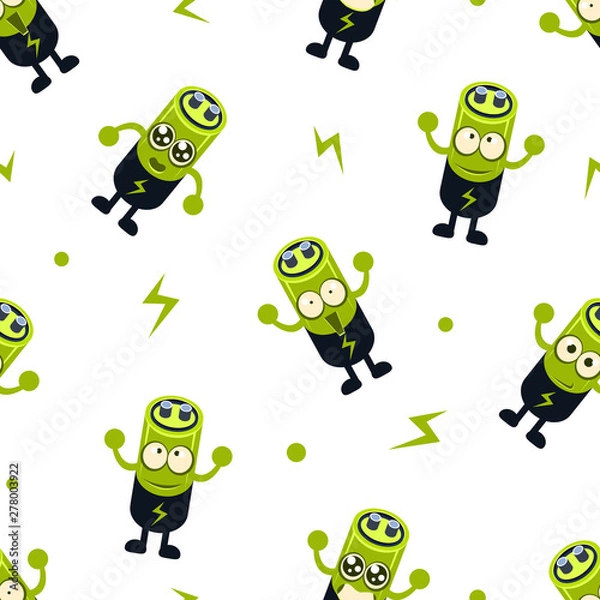 Fototapeta Cute Battery Character Seamless Pattern, Childish Style Design Element Can Be Used for Fabric, Wallpaper, Packaging Vector Illustration