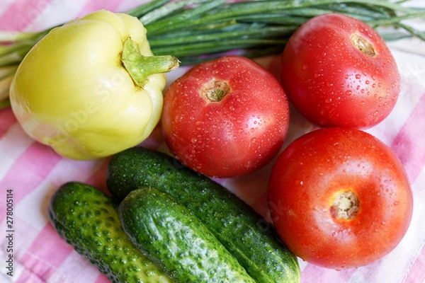 Fototapeta Composition with assorted raw organic vegetables. Detox diet