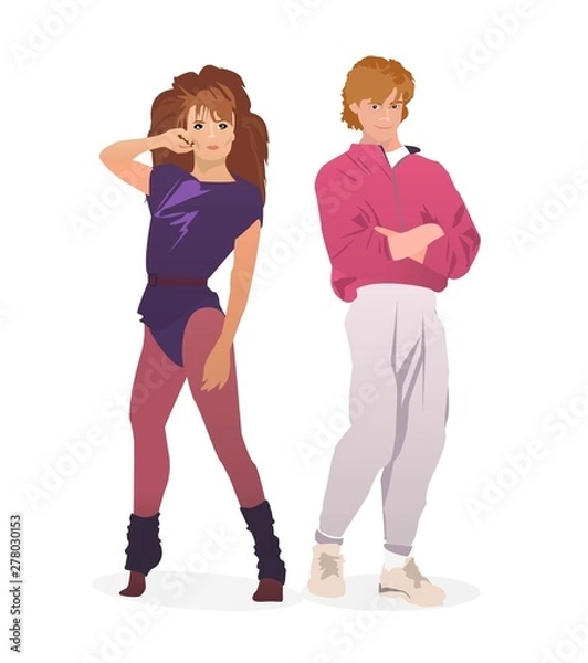 Obraz Fashion 80's dress ,style.The guy and the girl in clothes and accessories for 80 years.Flat design,isolated on white.Vector image.