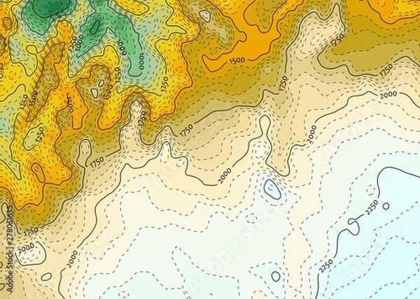 Fototapeta Blue-yellow topographical map with dashed contour lines