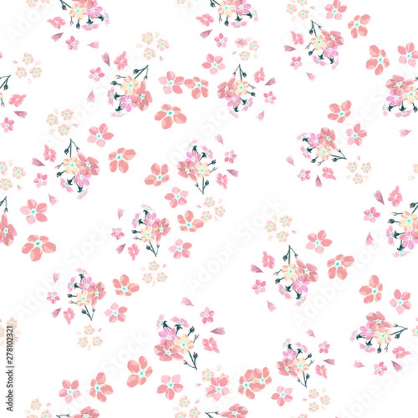 Obraz gentle little flowers and petals flying aside the botanical pattern of small colored wildflowers