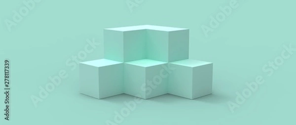 Fototapeta Diseño de podio para presentación de producto de diseño. Render tridimensional de escalones con iluminación de reflectores y diferentes materiales brillantes y con patrones. Fondo colorido 3d