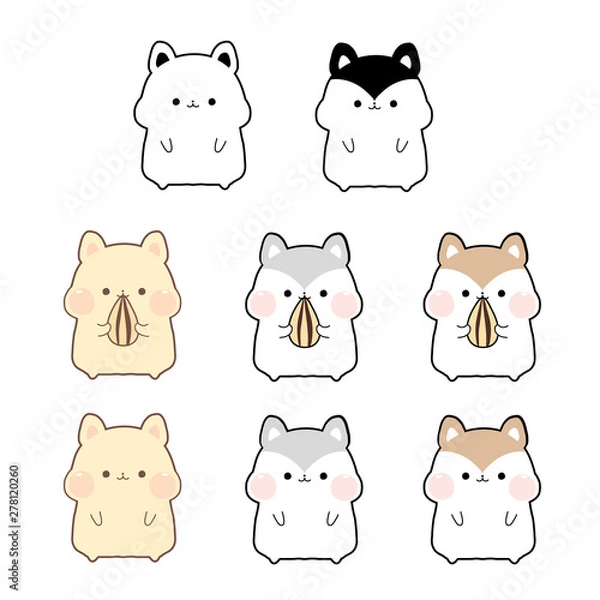 Obraz ひまわりの種をもぐもぐしている色んな種類のハムスター・キンクマハムスターのイラスト・アイコン素材