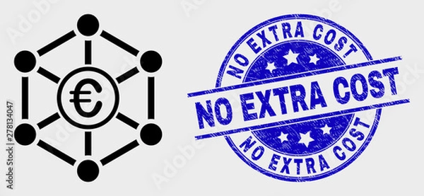 Fototapeta Vector stroke euro network pictogram and No Extra Cost stamp. Blue rounded scratched stamp with No Extra Cost caption. Black isolated euro network pictogram in stroke style.