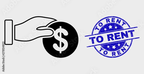 Fototapeta Vector linear coin payment hand icon and To Rent seal stamp. Blue round scratched seal with To Rent caption. Black isolated coin payment hand icon in outline style.