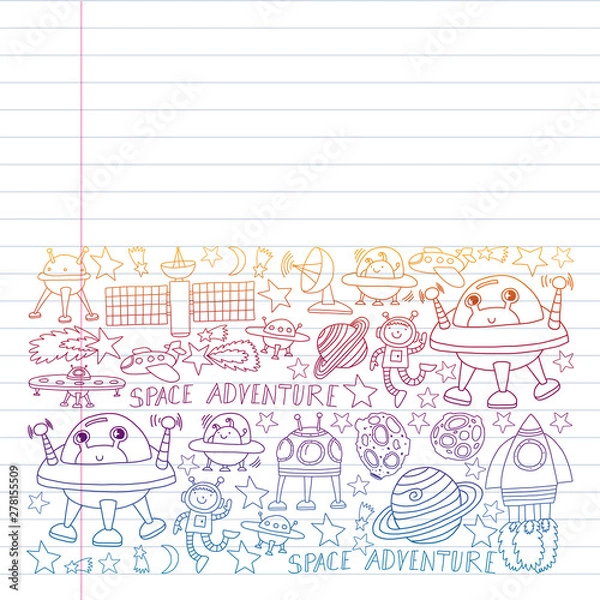 Obraz Vector set of space elements icons in doodle style. Painted, colorful, pictures on a piece of paper on white background. Drawing on exercise notebook in colorful gradient style.