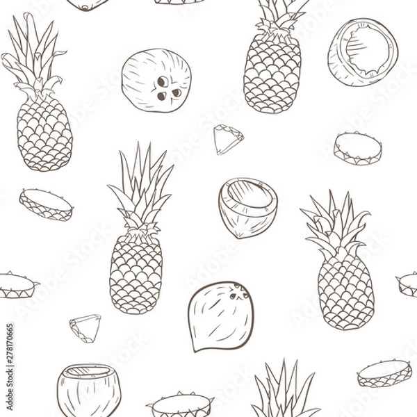 Fototapeta Vector Pina Colada Linart on White seamless pattern background.