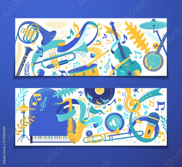 Fototapeta Music instruments store vector backgrounds set