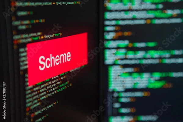 Fototapeta Programming language, Scheme inscription on the background of computer code.