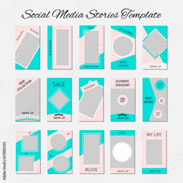 Fototapeta Social media stories template. Set of 15 story layout for bloggers and SMM. Mint green and pink pastel color palette. Editable web banners for mobile application. 