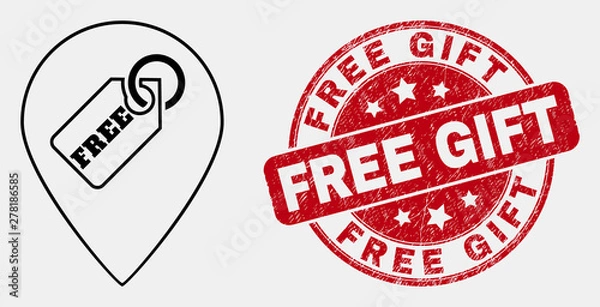 Fototapeta Vector stroke free tag marker icon and Free Gift seal stamp. Blue round textured seal stamp with Free Gift title. Black isolated free tag marker icon in outline style.