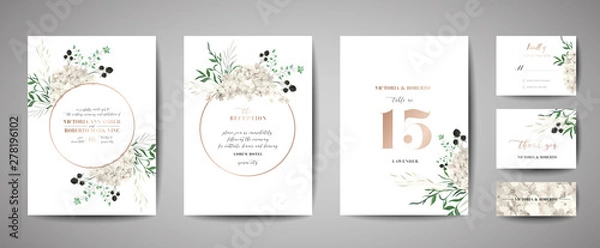 Fototapeta Zestaw zaproszenia ślubne, zaproszenie kwiatowe, dziękuję, rustykalny projekt karty rsvp z dekoracją ze złotej folii. Elegancki, nowoczesny szablon wektor, modna okładka, plakat graficzny, broszura retro, szablon projektu