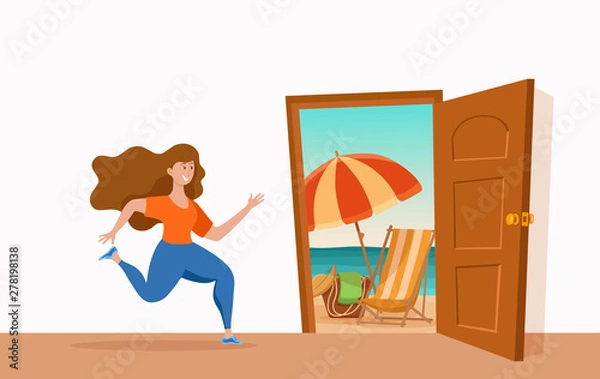 Obraz Girl run to open door summer sun beach sea vector cartoon concept.