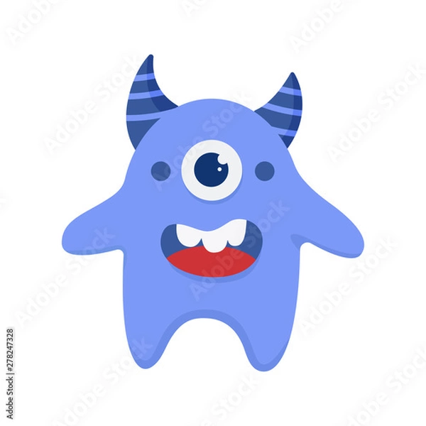 Obraz Cute monster with one eye and horns in blue colors isolated on white background. Cartoon character for children book. Vector illustration.