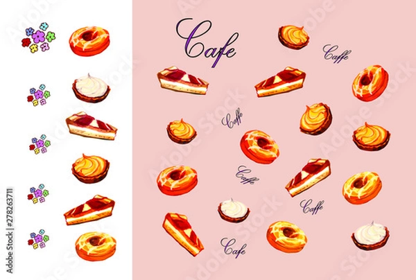 Fototapeta watercolor isolated images of cakes on a colored background