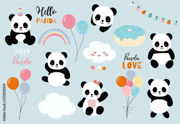 Fototapeta Pastel panda set with pandacorn,rainbow,balloon,heart illustration for sticker,postcad,birthday invitation