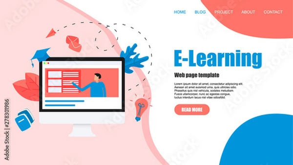 Fototapeta Webpage template with Online education or web course with distance teacher. E-learning concept	