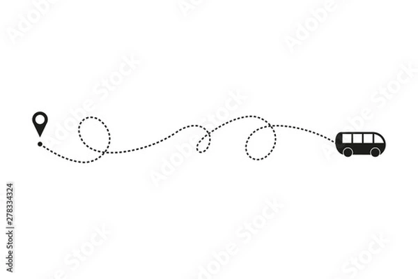 Obraz Tourism and travel concept. Bus line path on white background. Vector icon of bus route with dash line trace, start point and transfer point. Vector illustration