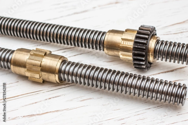 Obraz Trapezoid screw with bronze nut on white wooden background.